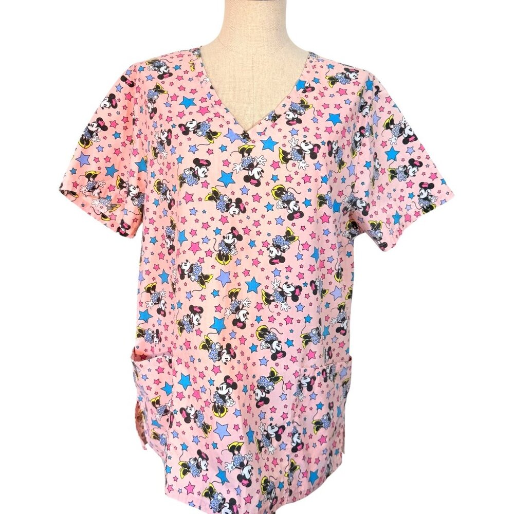 Disney Minnie Mouse Scrub Top Pink Stars V-Neck Medical Nursing Size L Cartoon - Picture 2 of 6